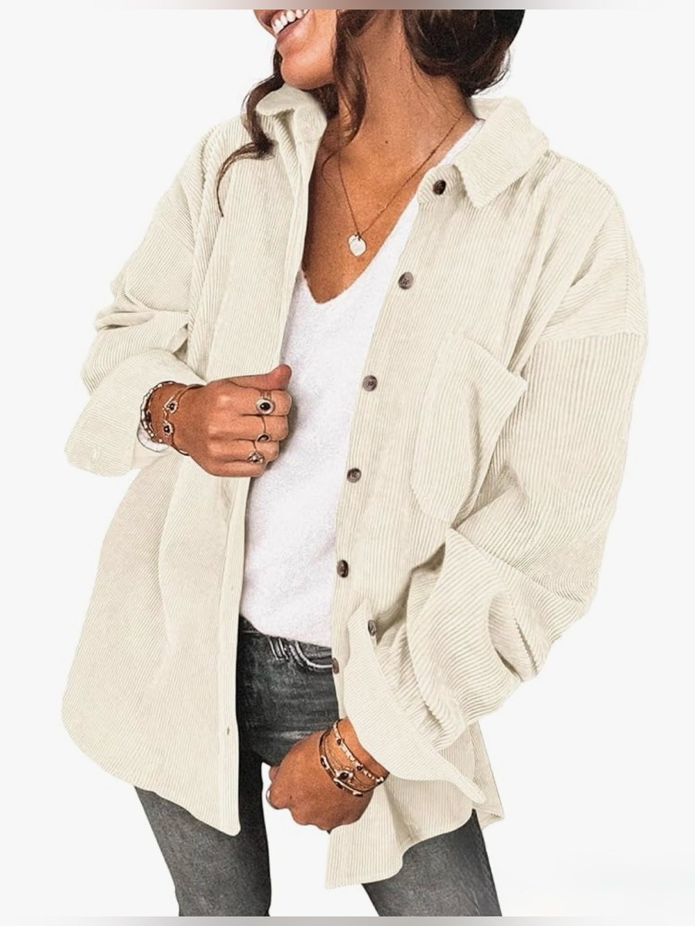 Ladie’s Corduroy Shirt Jacket Women’s Size Small Cream Long Sleeve Shacket